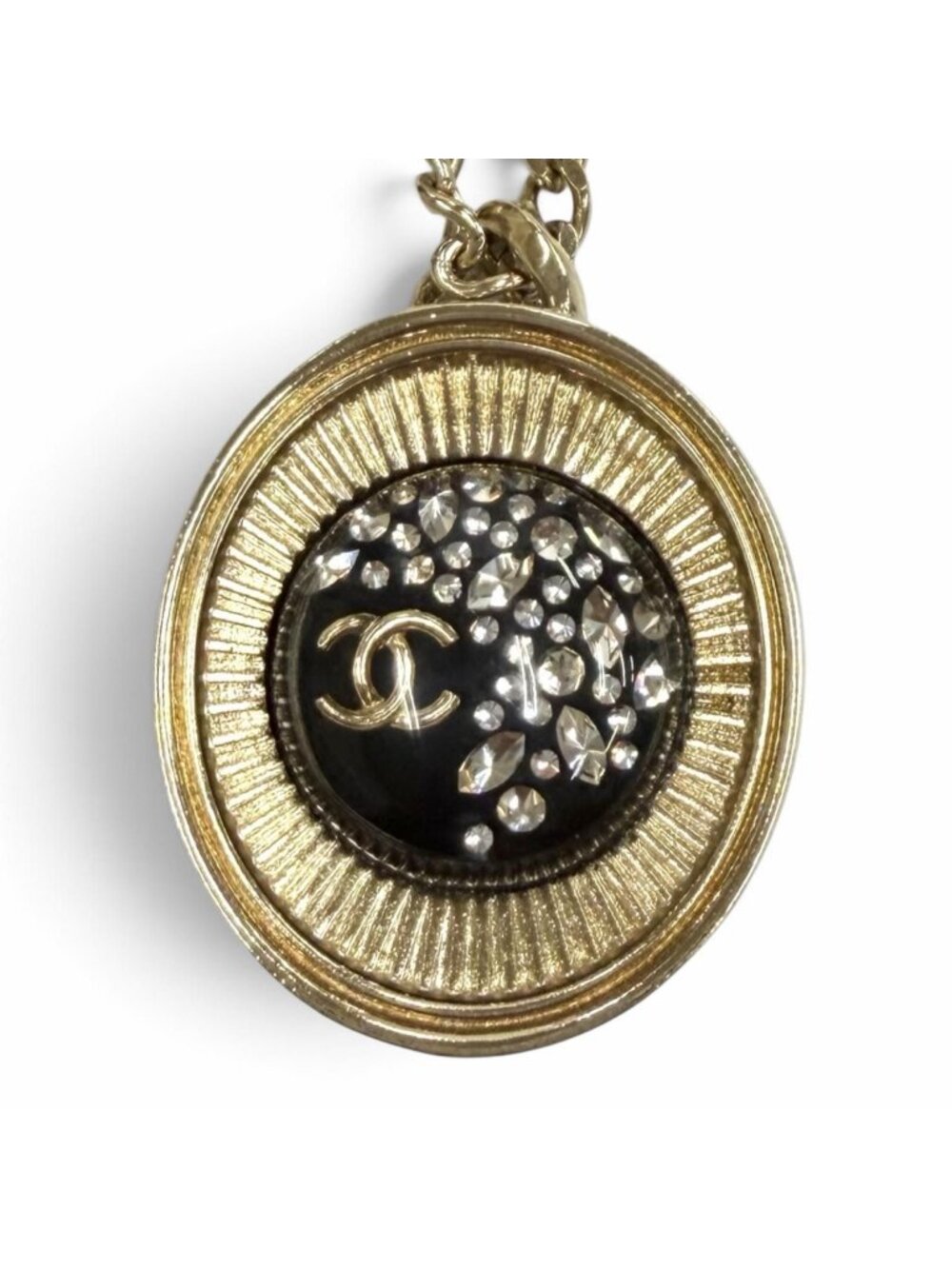 Chanel CC Logo Rhinestone Chain Pendant Gold Black